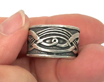 Oxidised Chunky Sterling Silver Patterned Ring - Repurposed Band for Men & Women Size P (US 8)