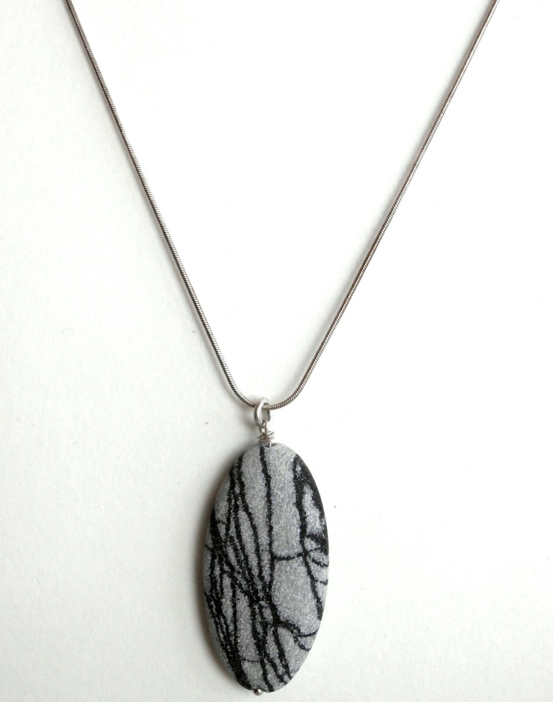 Stone Pendant Necklace Grey Black Sterling Silver Etsy