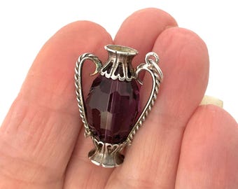 Vintage Amethyst Glass Urn Charm for Bracelet or Necklace - Mid Century Sterling Silver Jewellery