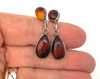 Vintage Two Stone Amber Sterling Silver Earrings - Elegant Baltic Gemstone Jewellery for Women