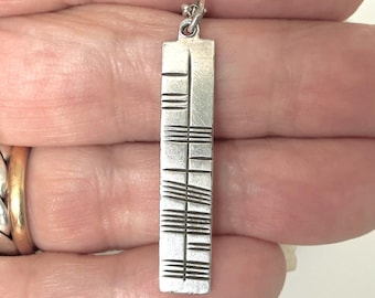 Vintage 1980s Ogham Script Sterling Silver Bar Pendant Necklace