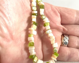 Repurposed Peridot, Freshwater Pearl & Mother of Pearl Beads Surfer Necklace