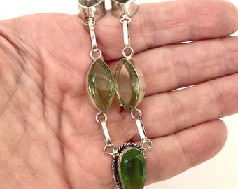 Elegant Art Deco Green Stone Multi-Pendant Necklace - Vintage Silver Plated Jewellery
