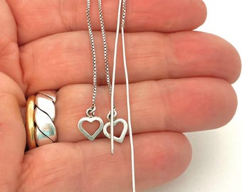 Vintage Sterling Silver Threader Heart Earrings - Long Drop Chain Jewellery
