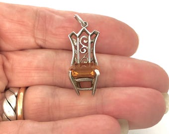Vintage Amber Glass Chair Charm for Bracelet or Necklace - Mid Century Sterling Silver Jewellery