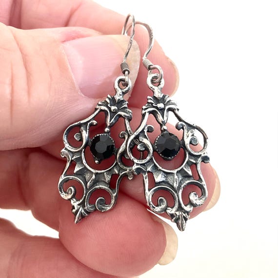 Vintage Sterling Silver Filigree Earrings with Black Stone - Victorian Gothic Dangle Jewellery