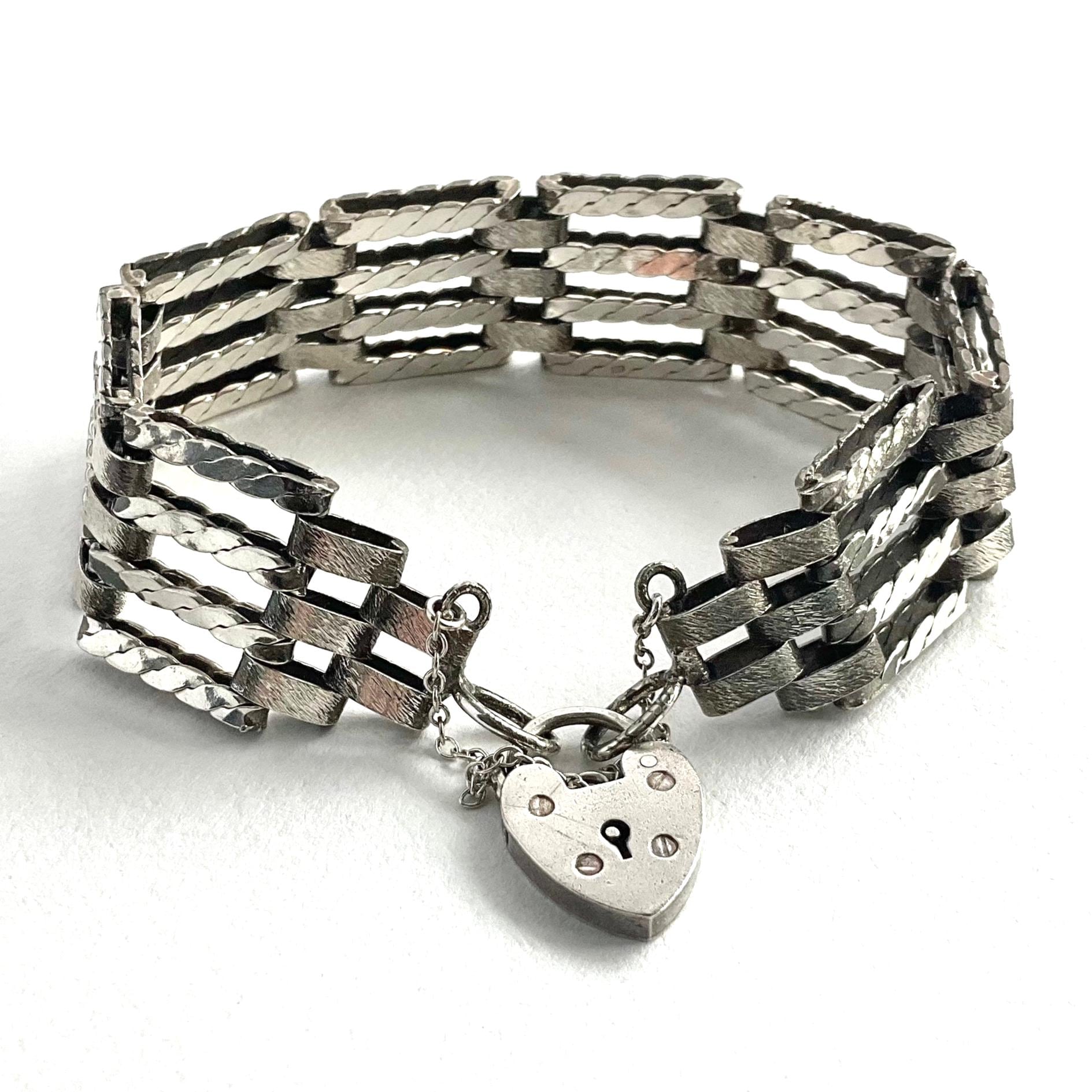 Heavy 1970s Sterling Silver Gate Bracelet, Heart Padlock Clasp