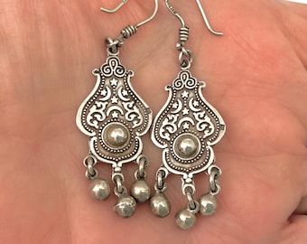 Vintage Signed Mid-Century Silver Dangle Earrings, Ornate Folk Art Jewellery