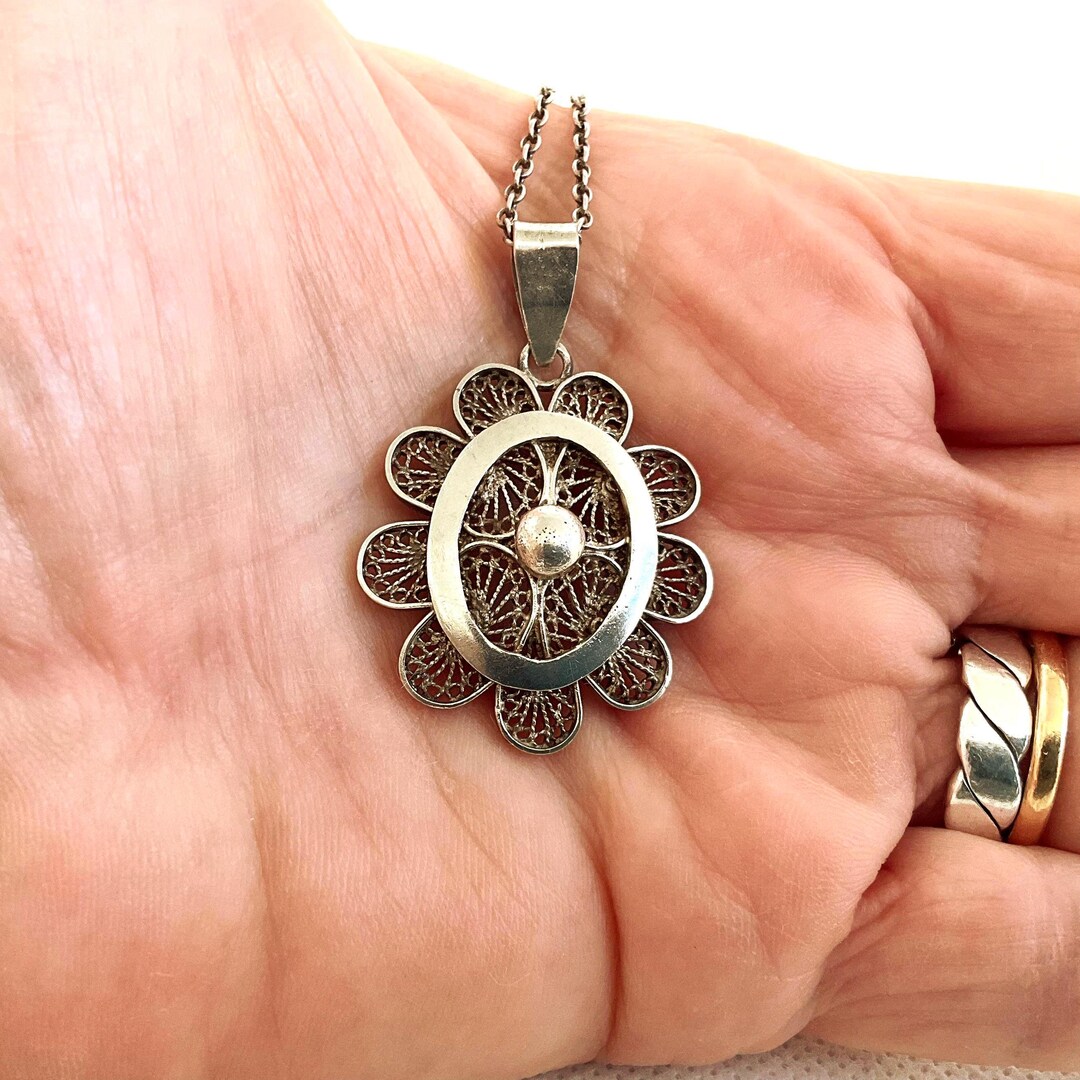 Vintage 950 Silver Filigree Flower Pendant Necklace - Sterling Silver ...