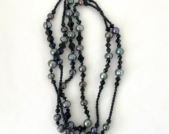 Black Crystal & Freshwater Peacock Pearl Flapper Necklace - 48 Inches Long