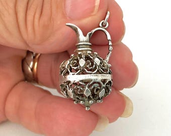 Vintage Filigree Jug Charm for Bracelet or Necklace - Mid Century Sterling Silver Jewellery