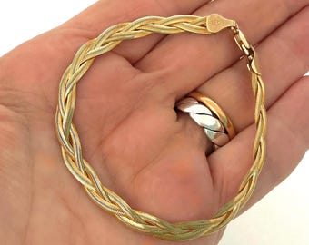 Vintage 925 Yellow Gold Braid Chain Bracelet - Delicate Women's or Girls Fine Jewellery
