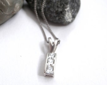 Crystal & Sterling Silver Bar Pendant Necklace - Vintage Jewellery