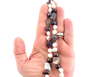 Upcycled Freshwater Pearl & Amethyst Necklace - Eco-Friendly Birthstone Jewellery for Women