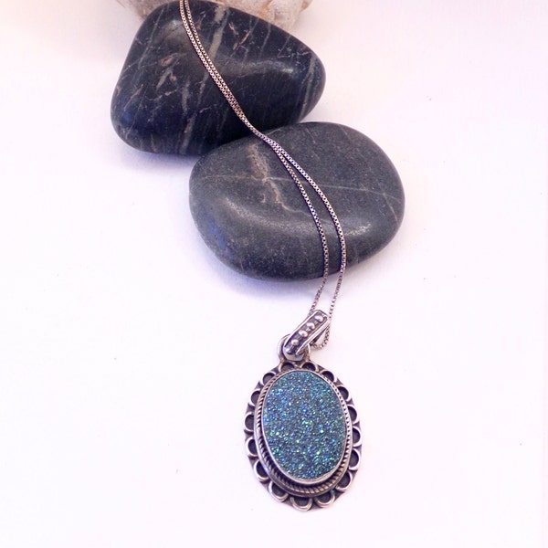 Blue Druzy Quartz Stone Pendant Necklace - Vintage Sterling Silver Jewellery