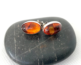 Oval Amber Stud Earrings - Vintage Sterling Silver Jewellery