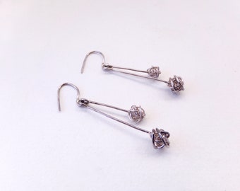 Long Silver Wire Ball Earrings - Vintage Drop Earrings