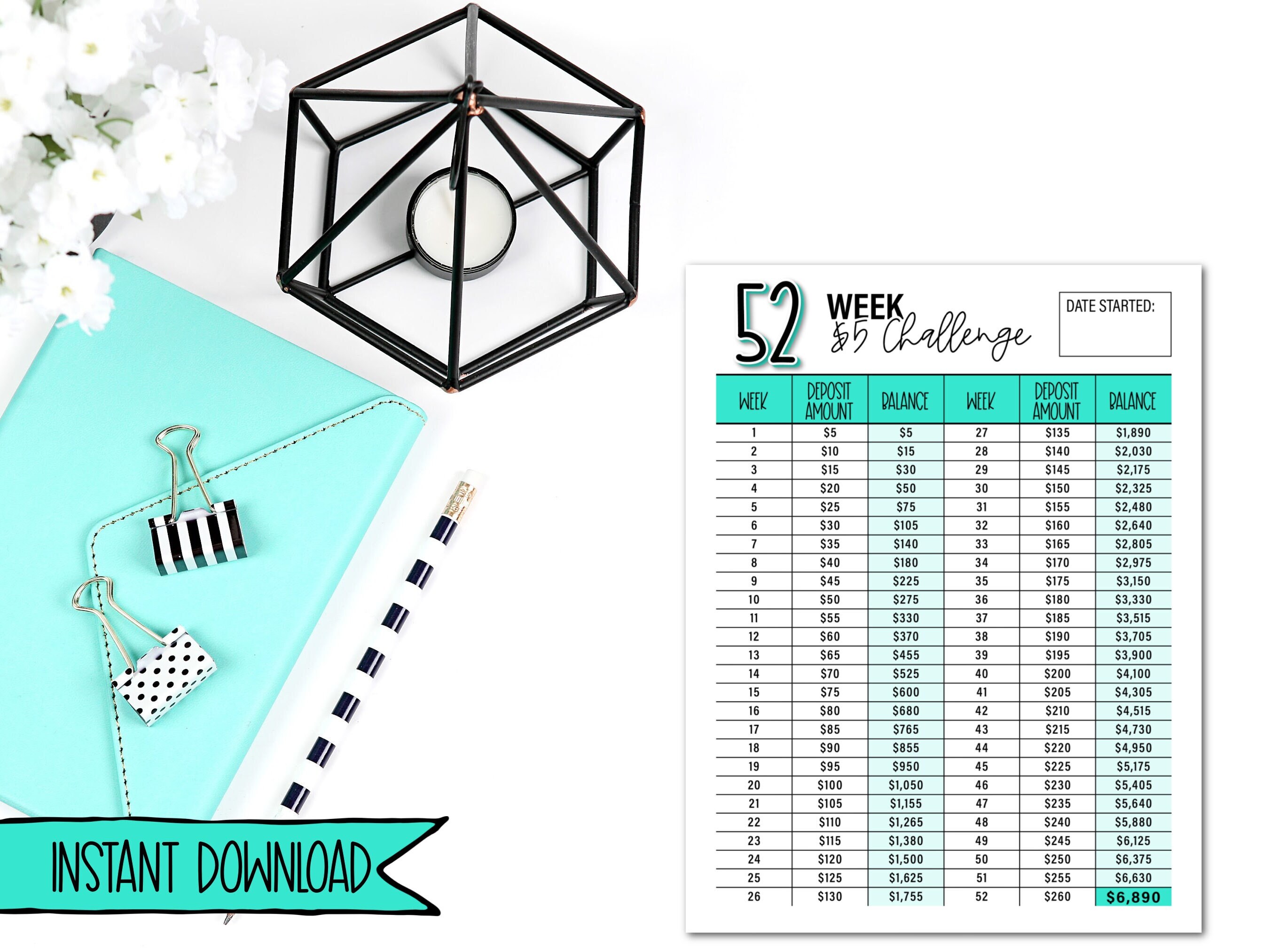 52 Week Saving Challenge 5 Money Challenge Printable Cute - Etsy