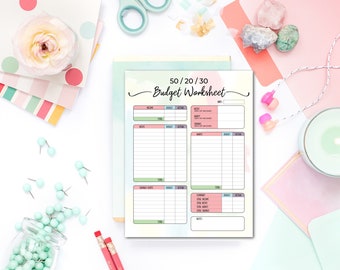 50/30/20 Budget Worksheet, Budget Printable, Budget Tracker, Monthly Budget Worksheet