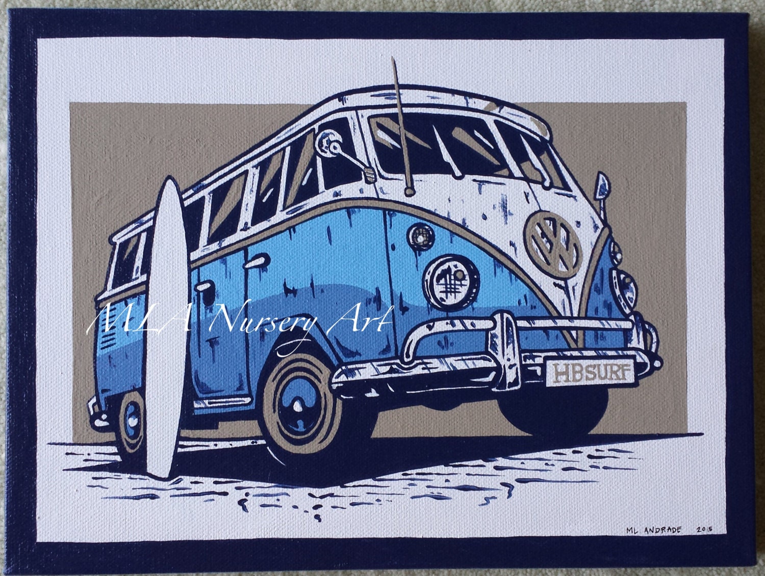 VW Bus with Surf Board Art Hand-painted on Canvas in Tan | Etsy