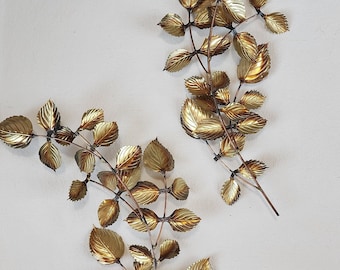 Pair of Vintage Brass Brutalist Style Brass Birch Leaves Vintage Wall Art