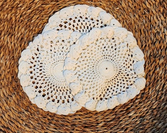 Set of 3 - 9" Vintage Hand Crocheted Round Double Edge White Doilies