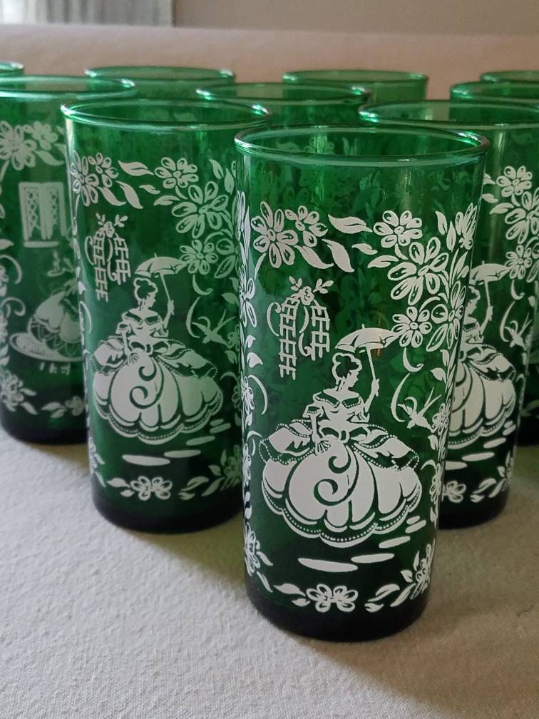 MR-451A ガラス瓶セット 8個 透明緑白コレクション　レトロ　アンティーク Vintage Anchor Hocking 1950's RARE Colonial Lady Iced Tea Tumblers