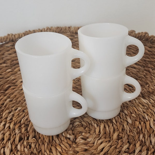 Set of 4 Vintage Fire King Anchor Hocking Stackable White Milk Glass Coffee Mugs