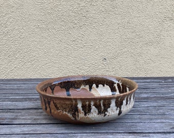 Mid Century Handmade Ceramic Bowl Planter / Brown Tan & Black Clay Studio Pottery / Handmade Vase