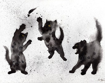 Cat Inklings No.12 Art Print, Black Cat Ink Painting