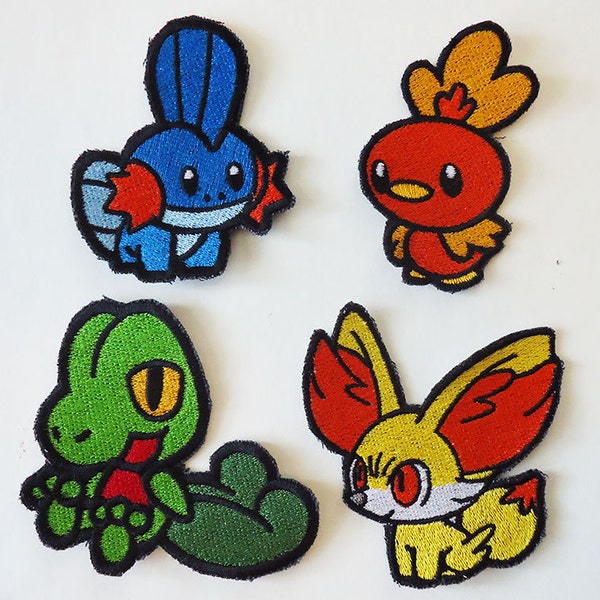 PICK ONE - Pokemon Hoenn Advanced Starters Sew On Machine Embroidered Patches Mudkip Torchic Treecko and added Fennekin
