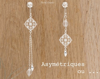 Boucles d'oreilles en argent 925 asymétriques ou symétriques, Estampes filigranés et Gemmes