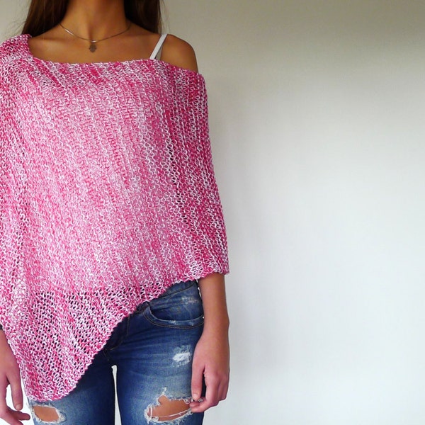 Pink loose knit poncho. Cotton summer poncho. Beach cover up tunic. Womens knitted poncho. Gift idea for her