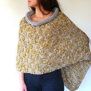 Knit poncho in mustard and grey | Grey cape poncho | Wool poncho | Hand knitted ponchos for women