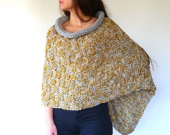 Knit poncho in mustard and grey | Grey cape poncho | Wool poncho | Hand knitted ponchos for women