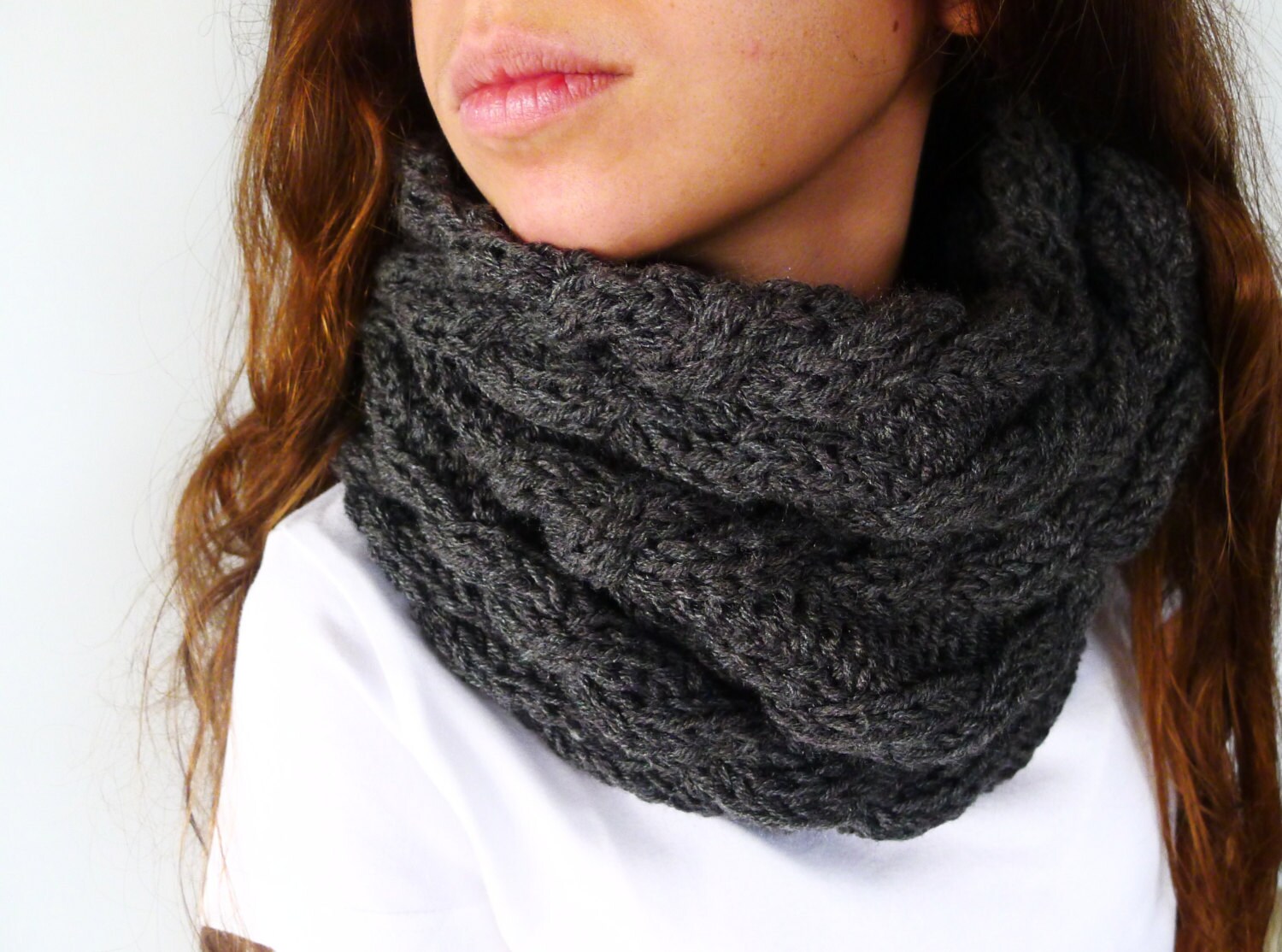 Cable Knit Tube Scarf. Knitted Hood Scarf. Grey Wool Snood. Etsy