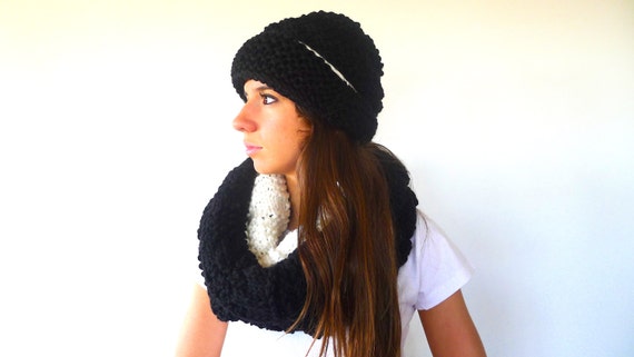 black and white hat and scarf set