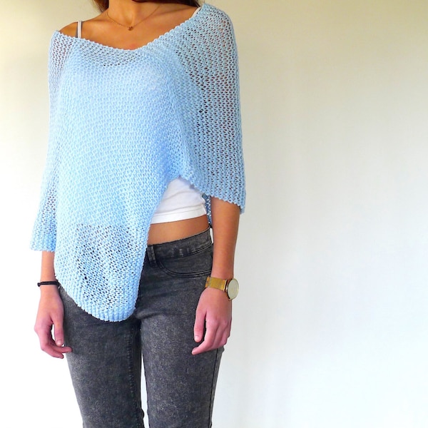 Knit poncho in light blue | Blue beach cover up | Loose knit poncho | Women's summer poncho