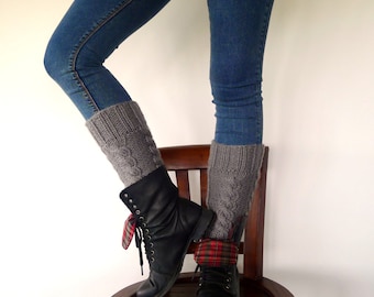 Cable knit leg warmers | Chunky knit socks for women | Grey knee high socks | Knitted boot cuffs