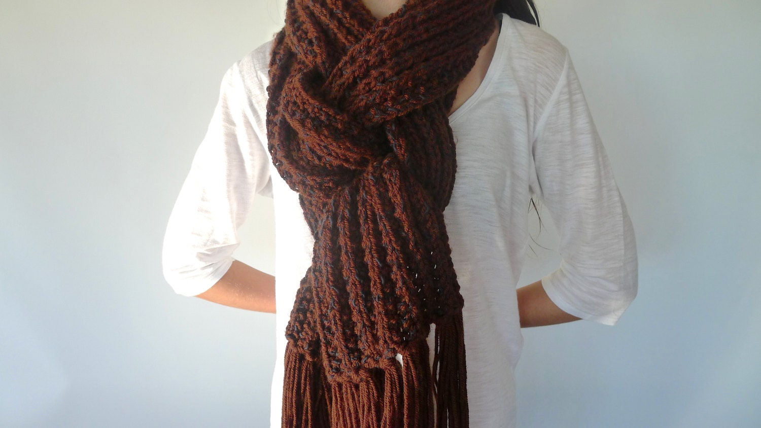 Men's brown scarf | Hand knitted scarf for men | Wool fringe scarf | Textured scarf