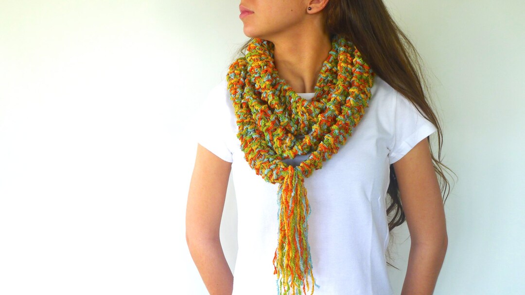 Colorful Scarf Necklace. Multicolor Infinity Scarf With Fringes. Knit ...