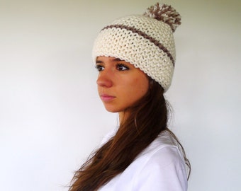 Hand knit beanie hat in cream. Wool pom beanie. Mens ski hat. Women's knitted hat. Gif idea for her