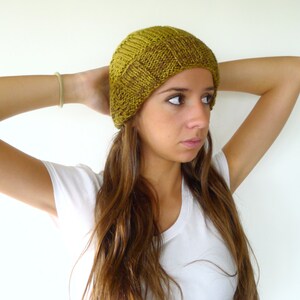 Hand knitted beanie in olive green. Womens beanie hat. Handmade cotton hat. Winter accessories for her