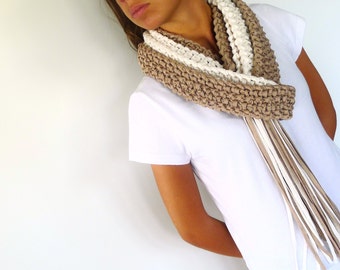 Taupe & beige knit fringe scarf. Womens cotton scarf. Cotton summer scarf. Knitted scarf. Gift idea for her