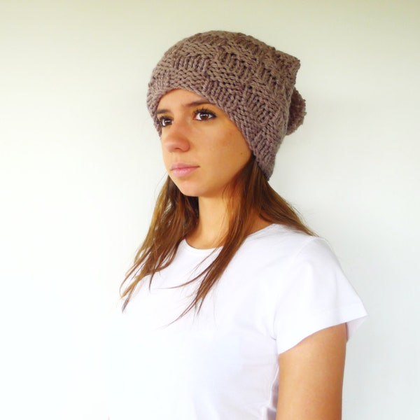 Knit slouchy beanie in taupe. Chunky knit beanie with pom. Merino wool hat. Women's knitted hat. Gift for her