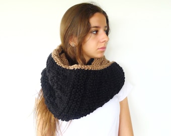 Tan and black neck warmer. Reversible knit cowl scarf. Chunky knitted scarf.  Unique handmade scarves. Gift idea for her