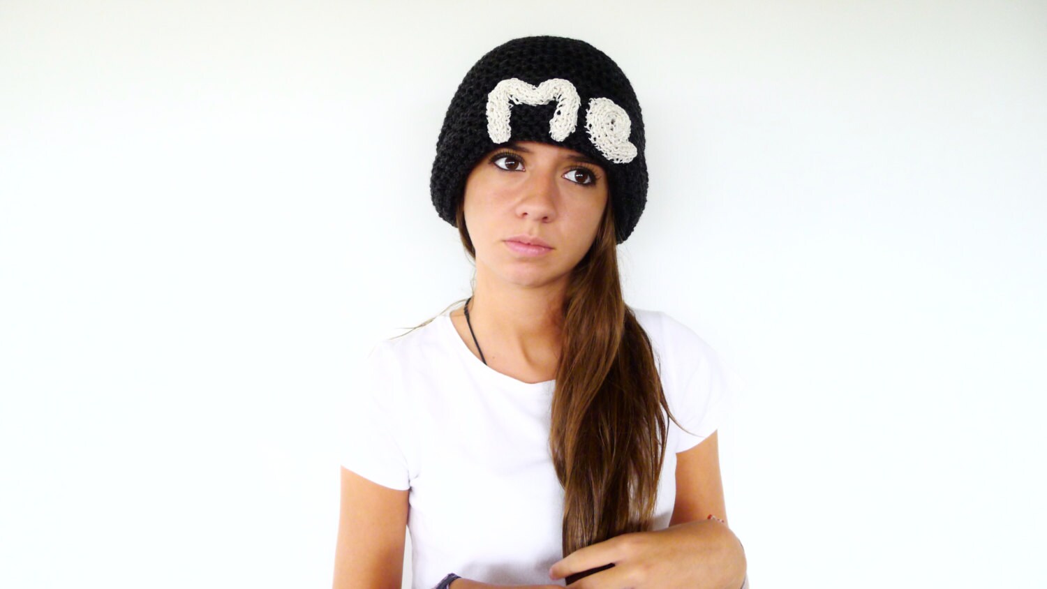 Black Monogram Hat With Brim. Chunky Knit Beanie. Knit Wool - Etsy