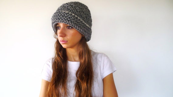 Hand Knit Beanie Hat in Grey. Chunky 