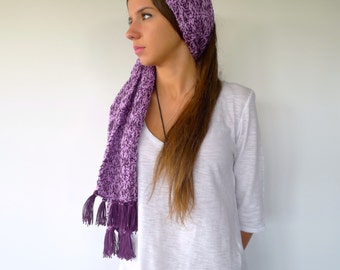 Hand knit scarf in purple. Scarf for women. Cotton scarf. Purple and lilac scarf. Knit scarf. Wool scarf. Unique scarves. For her