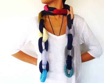 Foulard en chaîne fait main | Echarpe multicolore pour femme | Collier foulard | Foulards tissés